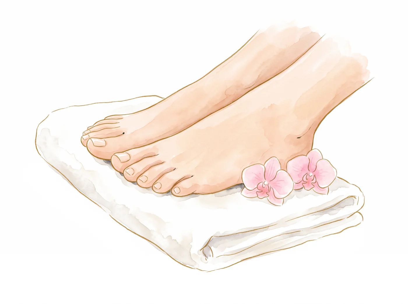 Ilustración en acuarela de un par de pies cuidados sobre una toalla blanca, con dos orquídeas